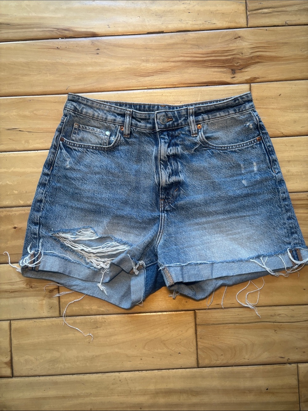 H&M Distressed Blue Rolled-Hem Denim Shorts